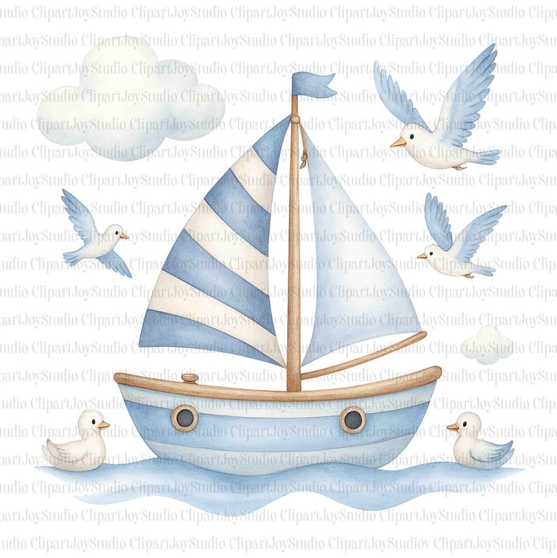 May include: A watercolour illustration of a sailboat with blue and white striped sails, surrounded by flying birds and clouds. The boat is light blue with a wooden mast and hull. Two ducks are in the water.