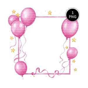 Birthday Frame Clipart, Pink Birthday Balloons, Printable Watercolor clipart, High Quality PNG, Digital download, Paper crafts