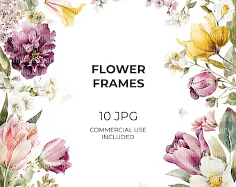 Watercolor Flower Frames, Wedding Frame Borders, Floral Frame JPG, Flowers for Invites, Printable images (digital download)
