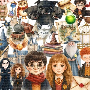 May include: Watercolor illustration featuring characters and elements from a fantasy world. Includes a wizard, a golden snitch, a train, a trophy, and a map. The image has a white background and a variety of colors.