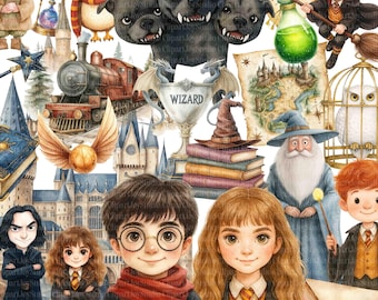 35 PNG Wizard School Clipart, Magic School, Fantasy Characters, Printable Watercolor graphic, Digital download, Paper craft, junk journal