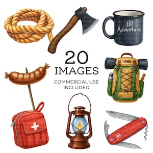Camping clipart Bundle voyager, clipart aquarelle imprimable, haute qualité PNG, téléchargement numérique, créations en papier, journaux indésirables | 114