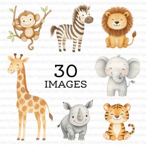 Clipart de animales de safari • León • Jirafa • Arte infantil • Clipart de animales de la selva • Lindo animal de acuarela • Adorno para cupcakes / 040