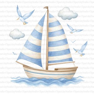 May include: A watercolour illustration of a sailboat with blue and white striped sails, sailing on blue water. The image includes seagulls and clouds, creating a nautical theme. The boat is light brown with blue stripes.