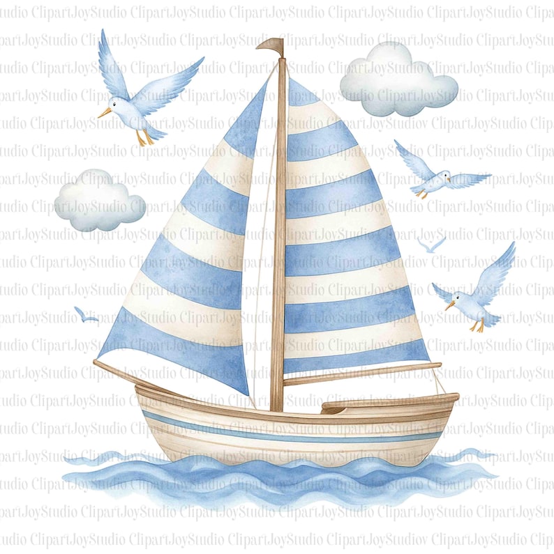 May include: A watercolour illustration of a sailboat with blue and white striped sails, sailing on blue water. The image includes seagulls and clouds, creating a nautical theme. The boat is light brown with blue stripes.
