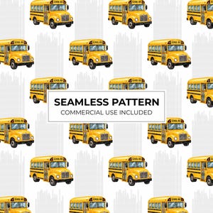 Può includere: Un motivo continuo con autobus scolastici gialli ripetuti su sfondo bianco con strisce verticali grigio chiaro. Un riquadro bianco centrale contiene il testo nero SEAMLESS PATTERN e COMMERCIAL USE INCLUDED.