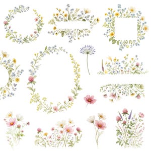Watercolor wild flowers clipart bundle, watercolor floral borders, summer wildflowers, wild flower clipart, field flowers, floral wreath png