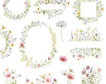Watercolor wild flowers clipart bundle, watercolor floral borders, summer wildflowers, wild flower clipart, field flowers, floral wreath png