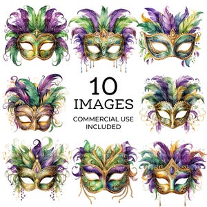 10 Karneval Maske Clipart, Karneval Maske, druckbare Aquarell Clipart, PNG, Maske Grafiken, digitaler Download, Papiermodell, Junk Journal