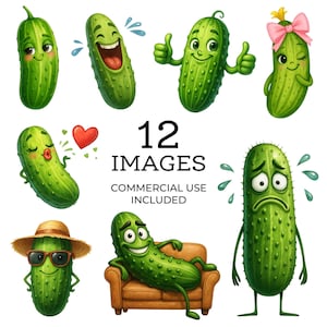 Funny Pickle Clipart PNG Bundle, Cucumber character, Pickle illustration, Cute Cartoon Cucumbers graphics, PNG images 067