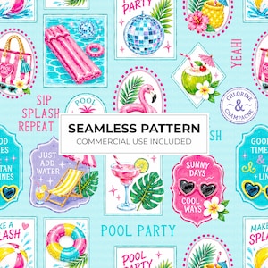 May include: A seamless pattern featuring summer pool party illustrations on a light blue background. Elements include pink flamingos, disco balls, pool floats, tropical cocktails, sunglasses, and beach chairs, with text like Pool Party.
