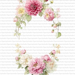May include: Watercolor floral arrangement featuring pink dahlias, peonies, and roses with green foliage. The design is a delicate, artistic composition, perfect for various creative projects.