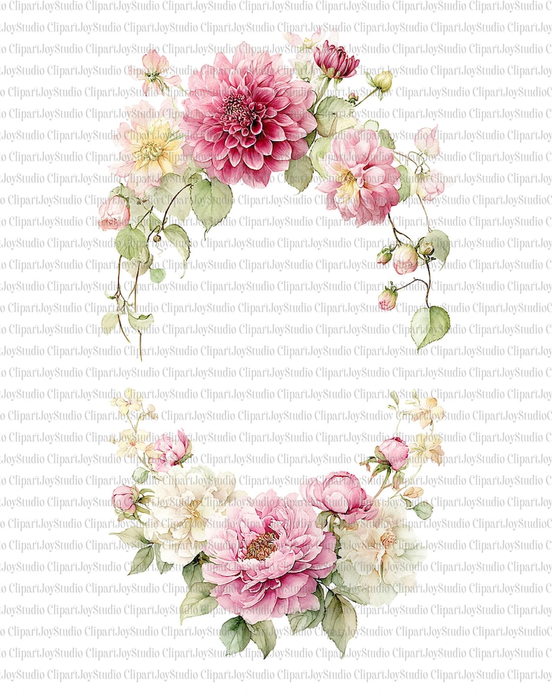 May include: Watercolor floral arrangement featuring pink dahlias, peonies, and roses with green foliage. The design is a delicate, artistic composition, perfect for various creative projects.