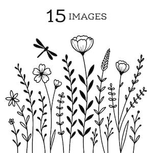 Doodle wilde bloemen clipart, handgetekende botanische bloemen, hoge kwaliteit jpg's, zeer fijne tekeningen, digitale download, Paper Craft, Junk Journal | 056