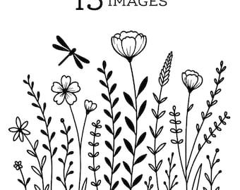 Doodle Wildflowers Clipart Bundle | Hand Drawn Botanical Flowers | Printable PNG images (digital download)