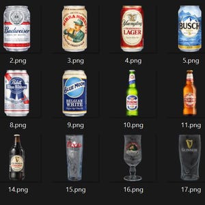 May include: Assortment of beer cans and bottles, including Coors Light, Budweiser, and Guinness. Various brands are displayed, showcasing different labels and designs. Some bottles and glasses are also included.