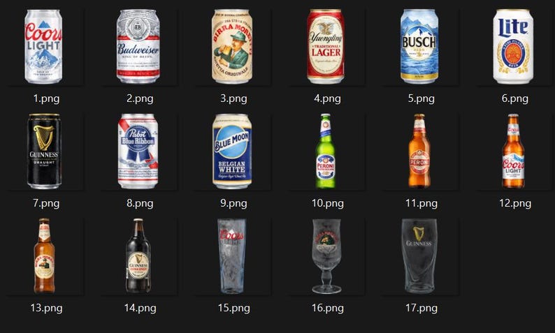 May include: Assortment of beer cans and bottles, including Coors Light, Budweiser, and Guinness. Various brands are displayed, showcasing different labels and designs. Some bottles and glasses are also included.