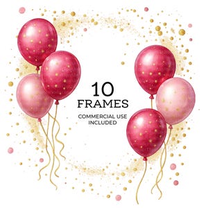10 verjaardag frame clipart, roze verjaardagsballons, afdrukbare aquarel clipart, hoge kwaliteit png, digitale download, papier ambachten 107