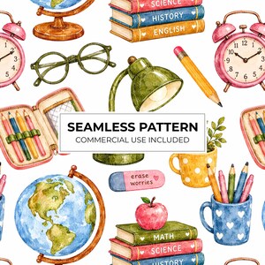 Può includere: Un motivo continuo con illustrazioni ad acquerello di materiale scolastico, tra cui mappamondi, pile di libri con le etichette Science, History ed English, sveglie rosa, occhiali verdi, una lampada da scrivania, una matita gialla e una tazza.