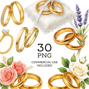 Bloemen bruiloft gouden ringen clipart, trouwringen, afdrukbare aquarel clipart, png-afbeelding, digitale download, papercraft | 083