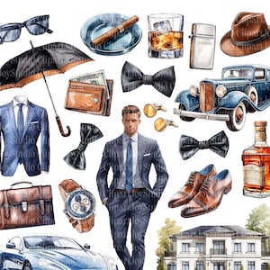 Paquete de imágenes prediseñadas de dinero antiguo en acuarela, imágenes PNG imprimibles de empresarios (descarga digital)