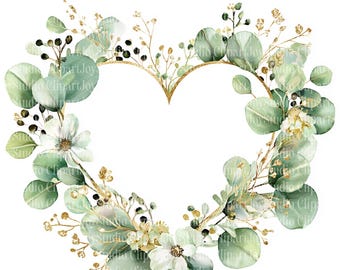 May include: A watercolor heart-shaped wreath with green eucalyptus leaves, white flowers, and gold accents. The design includes small black berries and delicate gold sprigs. Text at the top reads "16 JPG COMMERCIAL USE INCLUDED".