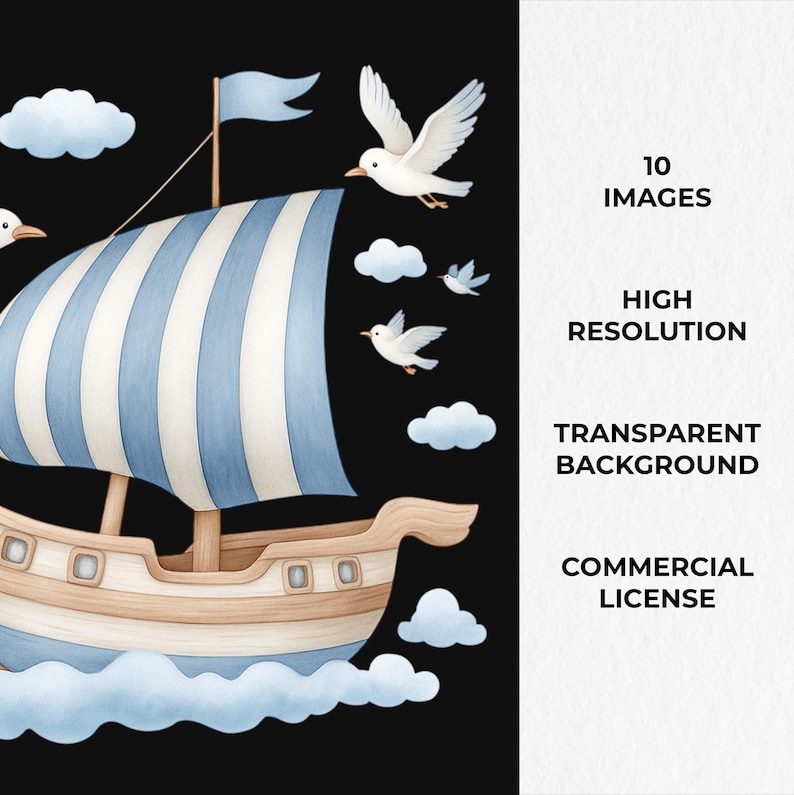 May include: A watercolour illustration of a sailboat with a blue and white striped sail, a blue flag, and white seagulls against a black background. The boat is brown and beige, with white clouds and text that reads "10 IMAGES, HIGH RESOLUTION, TRANSPARENT BACKGROUND, COMMERCIAL LICENSE."