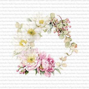 May include: Watercolor floral wreath featuring white and pink peonies, accented with green leaves and berries. The design is a delicate arrangement, perfect for invitations or decorative art.