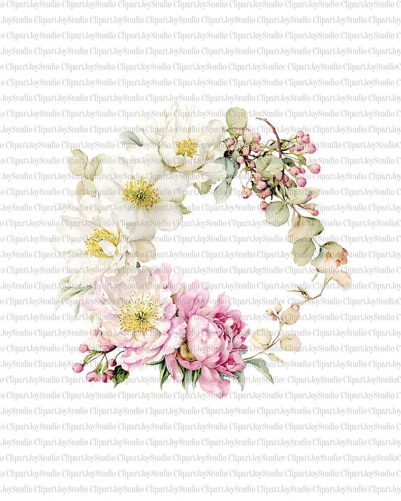 May include: Watercolor floral wreath featuring white and pink peonies, accented with green leaves and berries. The design is a delicate arrangement, perfect for invitations or decorative art.