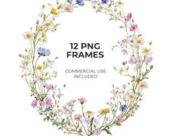 12 Watercolor Flower Frames Clipart, Wedding Frame Borders, Floral Frame PNG, Flowers for Invites, Printable images (digital download)
