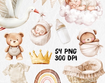 Clipart de acuarela para guardería, imágenes PNG para baby shower (descarga digital)