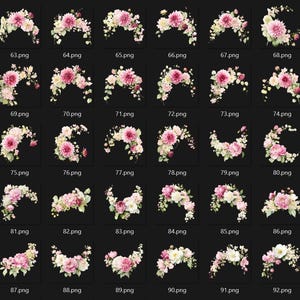 May include: A collection of watercolor floral arrangements, each featuring a variety of pink, white, and green flowers. The arrangements are in a crescent shape, perfect for wedding invitations or other design projects. The image is on a black background.