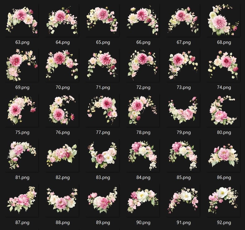 May include: A collection of watercolor floral arrangements, each featuring a variety of pink, white, and green flowers. The arrangements are in a crescent shape, perfect for wedding invitations or other design projects. The image is on a black background.