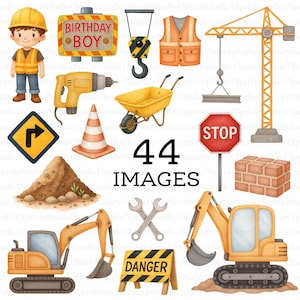 Paquete de imágenes prediseñadas de construcción en acuarela, imágenes prediseñadas de vehículos de construcción, gráficos para fiestas de cumpleaños infantiles, camión, excavadora, grúa / 046