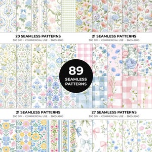 May include: A collection of 89 seamless patterns with floral and botanical designs in pastel colors. The patterns include flowers, bows, and gingham, with text indicating the number of patterns and commercial use.