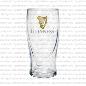 May include: A clear, tulip-shaped Guinness pint glass. The glass features the Guinness logo, a golden harp, and the brand name in silver lettering. The glass is designed for serving stout.