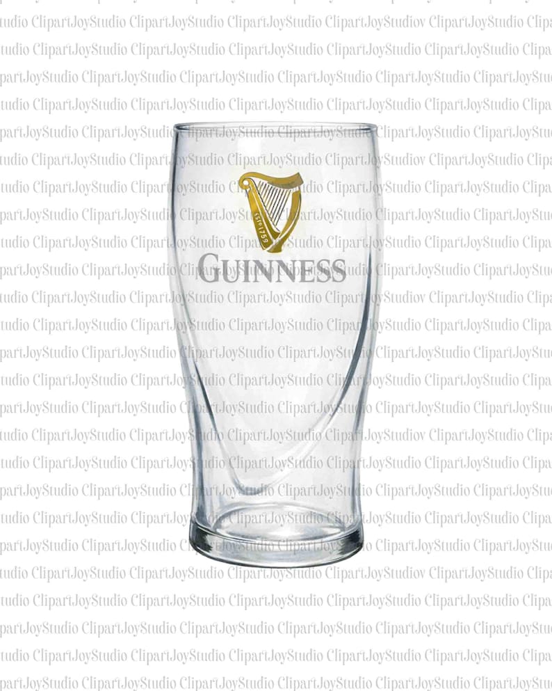 May include: A clear, tulip-shaped Guinness pint glass. The glass features the Guinness logo, a golden harp, and the brand name in silver lettering. The glass is designed for serving stout.