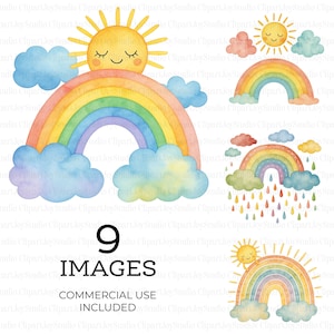 9 imágenes prediseñadas de sol y arcoíris, arcoíris infantil, imágenes prediseñadas de acuarela imprimibles, imágenes PNG, gráficos de arcoíris, descarga digital, manualidades de papel 061