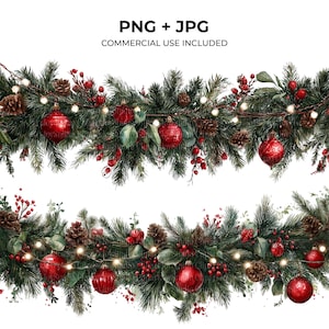 Puede incluir: Ilustración en acuarela de dos guirnaldas navideñas. Cada guirnalda presenta ramas de hoja perenne, adornos rojos, piñas y bayas rojas. Pequeñas luces blancas están ensartadas a lo largo de las guirnaldas. El texto "PNG + JPG COMMERCIAL USE INCLUDED" está en la parte superior.