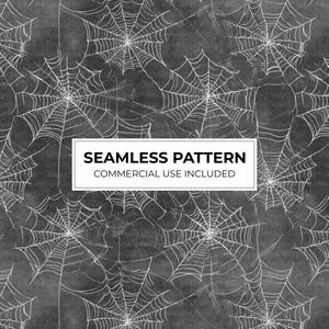 May include: A seamless pattern featuring white spider web illustrations on a dark charcoal gray textured background. A central white rectangular label contains the black text SEAMLESS PATTERN and the smaller text COMMERCIAL USE INCLUDED.
