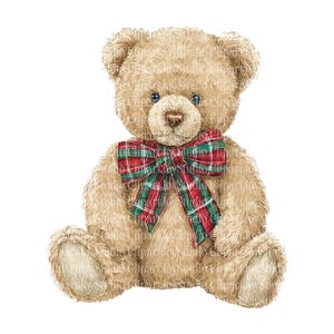 May include: A tan teddy bear with a red and green plaid bow tie. The bear has blue eyes and is sitting with its arms and legs outstretched. The image is a digital illustration on a white background.