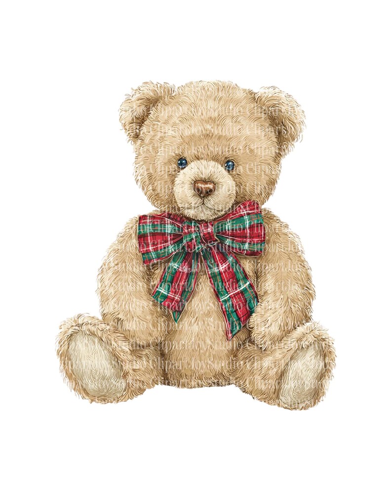 May include: A tan teddy bear with a red and green plaid bow tie. The bear has blue eyes and is sitting with its arms and legs outstretched. The image is a digital illustration on a white background.