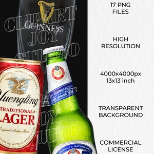 May include: A composition featuring a Guinness pint glass, a Peroni beer bottle, and a Yuengling Lager can. The Peroni bottle is green with a white and blue label. The Yuengling can is red and gold. The Guinness glass has a harp logo.