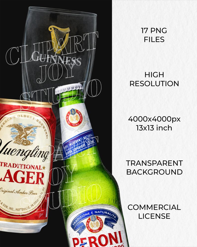 May include: A composition featuring a Guinness pint glass, a Peroni beer bottle, and a Yuengling Lager can. The Peroni bottle is green with a white and blue label. The Yuengling can is red and gold. The Guinness glass has a harp logo.