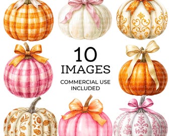 10 Pumpkin Clipart Bundle, Coquette Pumpkin, Printable Watercolor clipart, PNG graphic, Digital download, Paper craft, junk journals
