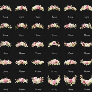 May include: A collection of 30 floral headbands, each with a unique arrangement of pink, white, and yellow flowers. The headbands vary in size and style, with some featuring more dense floral arrangements than others. The background is black.