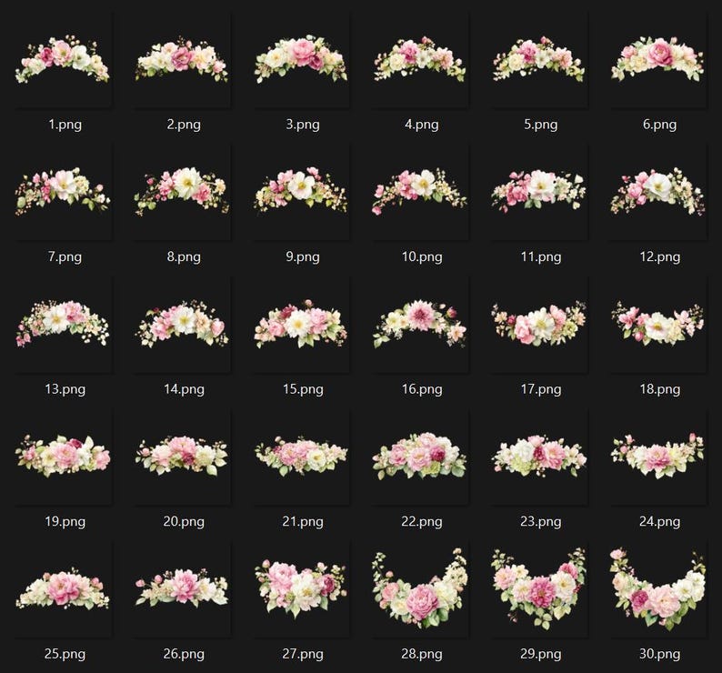 May include: A collection of 30 floral headbands, each with a unique arrangement of pink, white, and yellow flowers. The headbands vary in size and style, with some featuring more dense floral arrangements than others. The background is black.