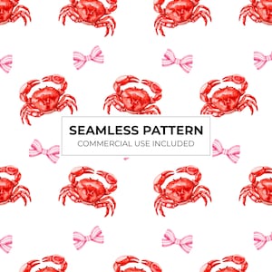 Può includere: Motivo senza cuciture con illustrazioni ad acquerello di granchi rossi e fiocchi rosa su sfondo bianco. Il testo "SEAMLESS PATTERN" e "COMMERCIAL USE INCLUDED" è visualizzato in un rettangolo nero.