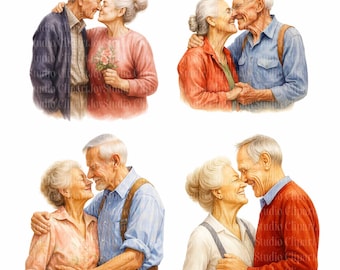 Watercolor Elderly Retired Couple Clipart Bundle, PNG Clip art, Printable junk journals scrapbook images, Digital Download, Paper craft