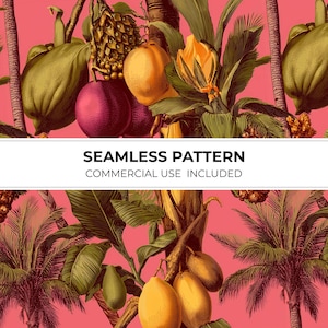 以下が含まれることがあります： ピンク色の背景に、緑、黄、紫の色合いの熱帯の果物と葉が描かれたシームレスパターン。パイナップル、マンゴー、パッションフルーツのデザインが含まれています。「SEAMLESS PATTERN COMMERCIAL USE INCLUDED」というテキストが表示されています。